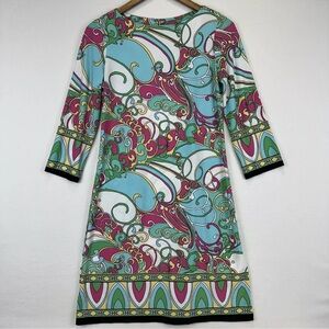 London Times SZ 4 Multicolor Swirl Print 3/4 Sleeves Shift Pullover Dress Summer